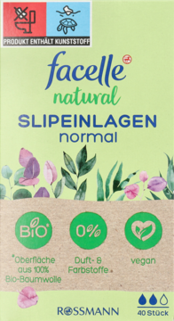 facelle natural SLIPEINLAGEN normal w zielonym pudełku z bawełny bio, bez zapachu, vegan.