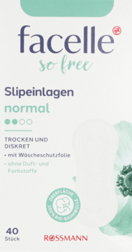 Opakowanie wkładek facelle so free normal, 40 sztuk, bez zapachu, z bio-bawełny, widok z przodu.
