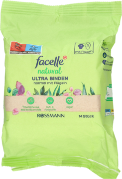 Zielone opakowanie podpasek Facelle Natural Ultra Binden Normal, 14 sztuk, bawełna organiczna i skrzydła.