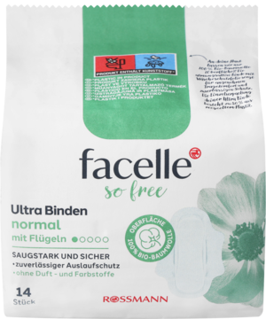 Białe opakowanie podpasek Facelle So Free Ultra Binden normal, 14 sztuk, 100% bawełny organicznej, widok z przodu.