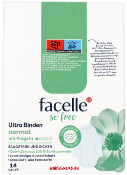 Facelle so free Ultra Binden normal ze skrzydełkami, z bawełny organicznej, biało-zielone opakowanie, widok z przodu.