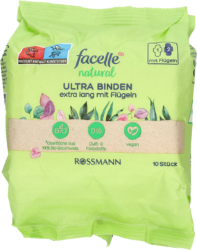 Zielone opakowanie podpasek higienicznych Facelle Natural Ultra, ekstra długich ze skrzydełkami, z bawełny organicznej, 10 sztuk.