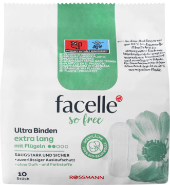 Białe opakowanie podpasek facelle so free Ultra Binden extra lang ze skrzydłami, widok z przodu.