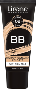 Lirene Dermoprogram BB krem z witaminą C, odcień Natural 02, wyrównujący koloryt, czarna tuba, widok z przodu.