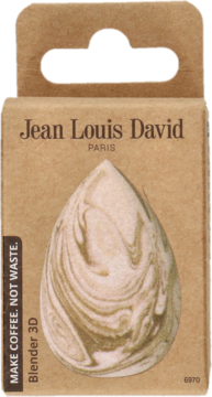 Gąbka do makijażu Jean Louis David Blender 3D z kawą, z marmurkowym wzorem w brązowym opakowaniu.