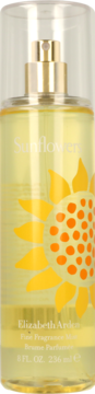 Butelka mgiełki Sunflowers Elizabeth Arden z żółtym płynem i złotym atomizerem. Z przodu duży żółty słonecznik.