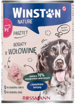 Puszka karmy Winston Nature pasztet bogaty w wołowinę dla psów, z wizerunkiem psa i informacją o 70% monoproteiny.
