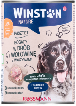 Karma Winston Nature Pasztet dla psów, drób, wołowina, warzywa. Puszka z wizerunkiem psa, bez cukru i zbóż.