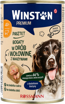 Puszka Winston Premium karmy dla psów, pasztet drób i wołowina, z wizerunkiem psa, logo Rossmann, widok z przodu.