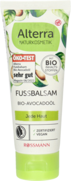 Alterra Fussbalsam Bio-Avocadoöl w białej tubce z zielonymi akcentami i awokado, frontowy widok.