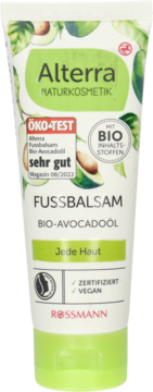 Alterra Fussbalsam Bio-Avocadoöl w białej tubce z zielonymi akcentami i awokado, frontowy widok.