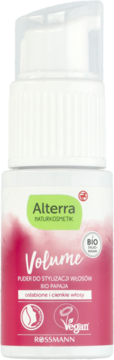 Alterra Volume puder do włosów z bio papają dla objętości, biała butelka z różowym dołem, widok z przodu.