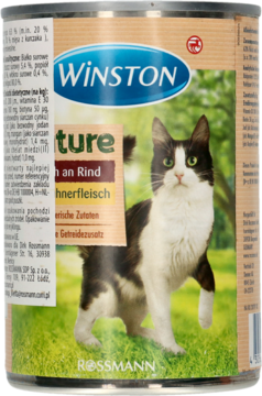 Winston Nature karma dla kota dorosłego z wołowiną, kurczakiem, bez zbóż, w metalowej puszce, widok z przodu.