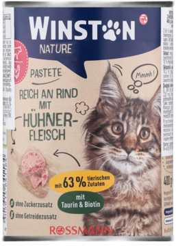 Winston Nature karma dla kota wołowina i kurczak w srebrnej puszce z rysunkiem kota, bez zbóż, z tauryną i biotyną.