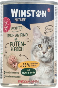 Puszka karmy dla kota Winston Nature pasztet wołowo-indyczy, bez zbóż i cukru, z tauryną, widok z przodu.