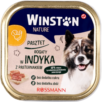 Winston Nature karma mokra dla psa pasztet indyk i pasternak w kwadratowej puszce, widok z przodu z psem.