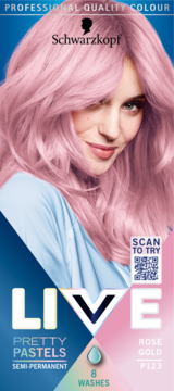 Schwarzkopf Live Pretty Pastels Rose Gold P123 farba semi-permanentna, kobieta z długimi różowymi włosami na opakowaniu, do 8 myć.