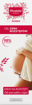 Krem Mustela Maternité na rozstępy z napisem 'Cel: Zero Rozstępów', kobieta w ciąży trzyma brzuch.
