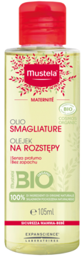 Mustela Maternitè olejek na rozstępy 105ml bez zapachu, butelka z bio składnikami, widok z przodu.