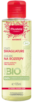 Mustela Maternitè olejek na rozstępy 105ml bez zapachu, butelka z bio składnikami, widok z przodu.
