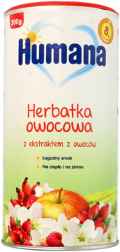 Biała puszka Humana Herbatka owocowa 200g z grafiką jabłek, dzikiej róży i kwiatów, widok przodem.