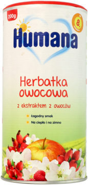 Biała puszka Humana Herbatka owocowa 200g z grafiką jabłek, dzikiej róży i kwiatów, widok przodem.