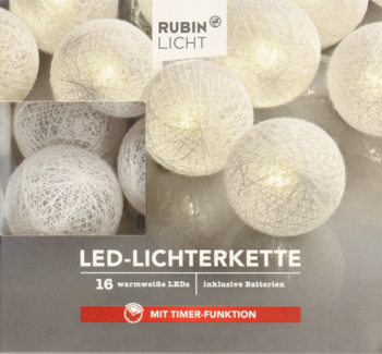 Opakowanie Rubin Licht z białym łańcuchem LED typu cotton balls (16 kul) i timerem, widok z przodu.
