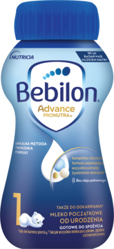 Niebieska butelka Bebilon Advance Pronutra 1, gotowe mleko początkowe od urodzenia, z misiem, widok przodem.