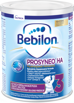 Bebilon Prosyneo HA 3 mleko modyfikowane dla dzieci pow. 1. roku, biała puszka z niebieskim logo i misiem, widok z przodu.