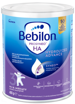 Bebilon Prosyneo HA 3 Hydrolyzed Advance, biało-fioletowa puszka mleka modyfikowanego. Widok z przodu, dla dzieci po 10. miesiącu.