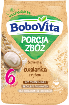 Frontalny widok beżowej torebki BoboVita Porcja Zbóż bezmlecznej owsianki z ryżem dla dzieci od 6. miesiąca życia.