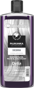 Cameleo Delia Cosmetics illuminating silver hair rinse with jasmine water, purple 200ml bottle, front view.