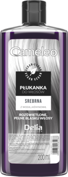 Cameleo Delia Cosmetics illuminating silver hair rinse with jasmine water, purple 200ml bottle, front view.