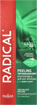 Farmona Radical trychologiczny peeling do skóry głowy na wzrost włosów, czerwono-zielone opakowanie, widok z przodu.