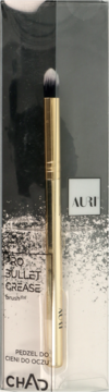 Chad Pro Bullet Crease Brush z złotą rączką i dwukolorowym włosiem, w przezroczystym opakowaniu, widok z przodu.