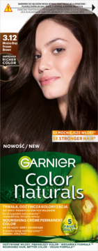 Garnier Color Naturals farba do włosów 3.12 Mroźny Brąz, odżywcza formuła z 5 olejkami, widok z przodu.