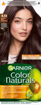 Garnier Color Naturals 4.12 Ice Brown, permanentna farba do włosów. Opakowanie z modelką i napisem 5X STRONGER HAIR.