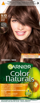 Garnier Color Naturals 5.12 Zimny Brąz, odżywcza farba do włosów. Opakowanie z kobietą i hasłem '5x mocniejsze włosy'.