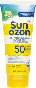 Tubka kremu Sunozon SPF 50 do opalania, biało-żółta z niebieskim tłem i kwiatem, widok przód.