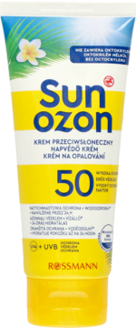 Tubka kremu Sunozon SPF 50 do opalania, biało-żółta z niebieskim tłem i kwiatem, widok przód.