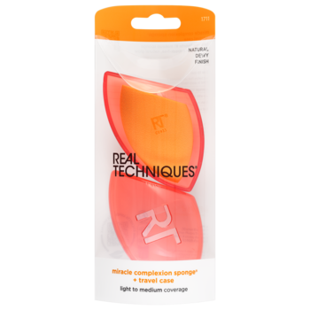 Real Techniques Miracle Complexion Sponge z etui podróżnym, pomarańczowo-różowa, w przezroczystym opakowaniu.
