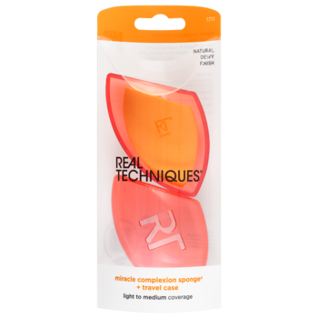 Real Techniques Miracle Complexion Sponge z etui podróżnym, pomarańczowo-różowa, w przezroczystym opakowaniu.