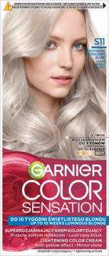 Krem koloryzujący Garnier Color Sensation S11 ultra świetlisty blond, opakowanie z kobietą o jasnych włosach.