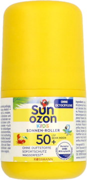 Żółty roll-on Sunozon Kids SPF 50+ dla dzieci, wodoodporny, bez zapachu, widok z przodu.