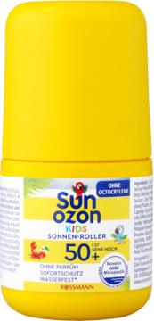 Żółty roll-on Sun ozon Kids SPF 50+ do opalania, bez oktokrylenu, widok z przodu na etykietę.