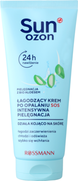 Jasnoniebieska tuba Sunozon SOS Łagodzący krem po opalaniu z bio aloesem, 24h nawilżenie, widok z przodu.