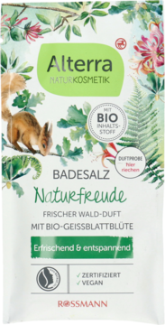 Alterra Naturfreude sól do kąpieli, wegańska, biała torebka z wiewiórką i kwiatami, świeży leśny zapach.