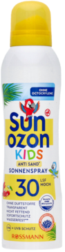 Biały spray przeciwsłoneczny Sunozon Kids Anti Sand SPF 30, z żółtą nakrętką i rysunkiem papugi.