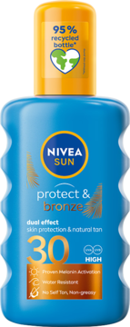 NIVEA SUN Protect&Bronze spray SPF 30, niebieska butelka z pomarańczową nakrętką (95% recycled), widok z przodu.