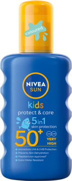 NIVEA SUN KIDS spray SPF 50+ z zanikającym kolorem, niebieska butelka, żółta nakrętka. Widok z przodu.
